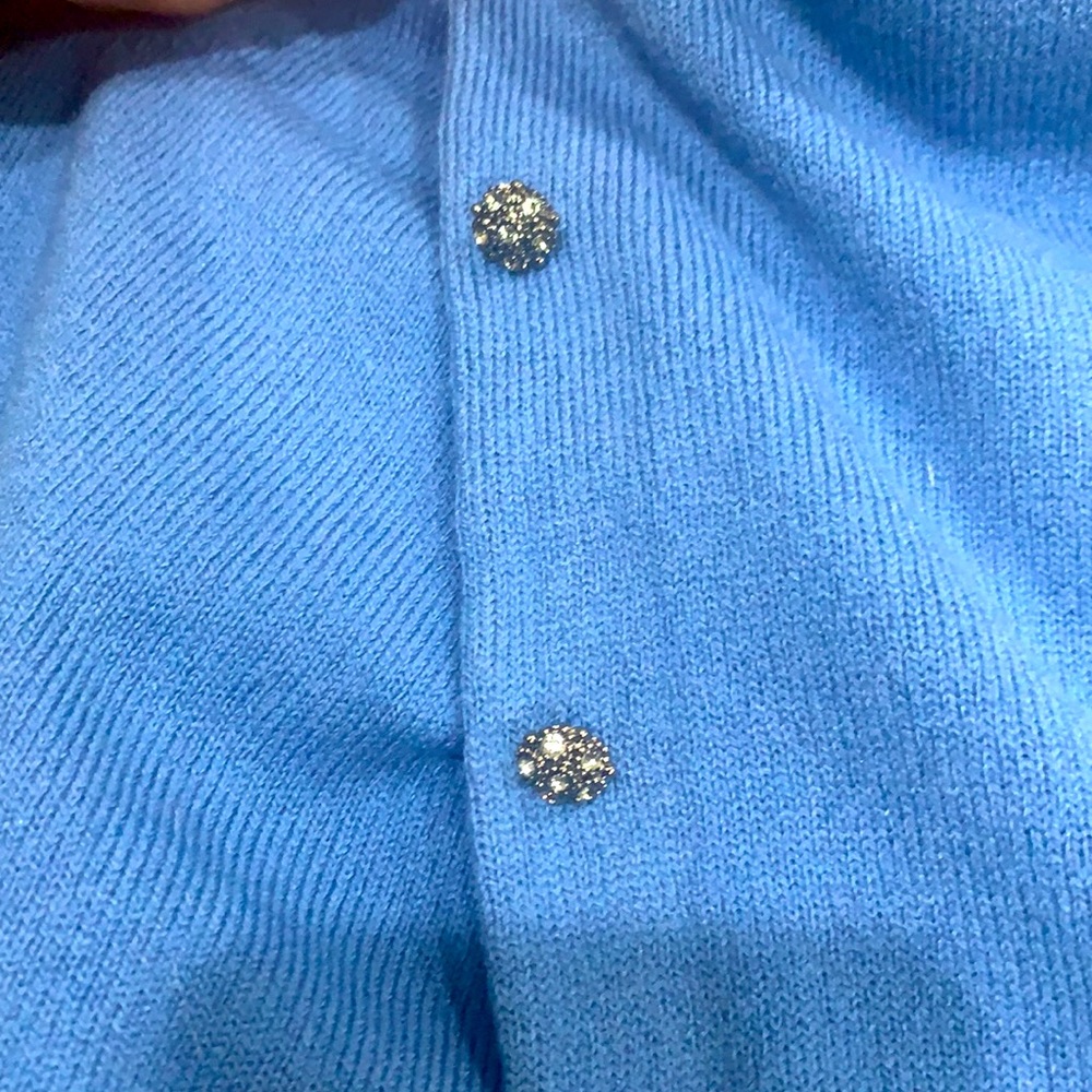 NY & Company 3/4 Sleeve light blue cardigan with flower appliqués on the left. - Picture 7 of 8